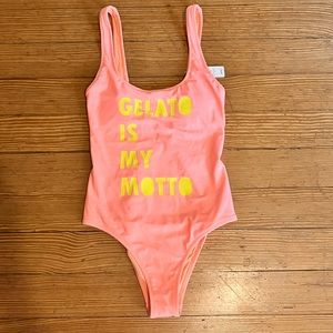 aerie Pink One-Piece Swimsuit with Yellow 'GELATO IS MY MOTTO' Print
